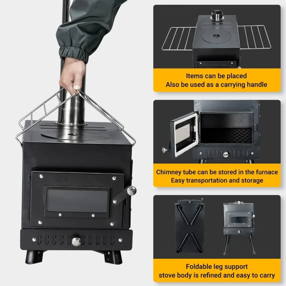 Portable Wood Burning Stove With Chimney Pipe for Tent Shelter Camping Cookware Bbq Camping Heating and Cooking Camp Supplies - DG Outdoor Sports