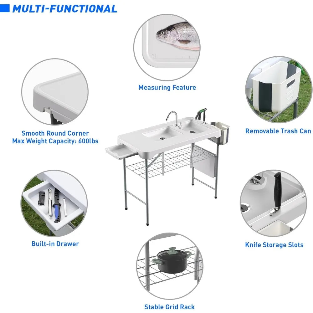 Outdoor Folding Table with Double Sinks & Measure Marks - DG Outdoor Sports