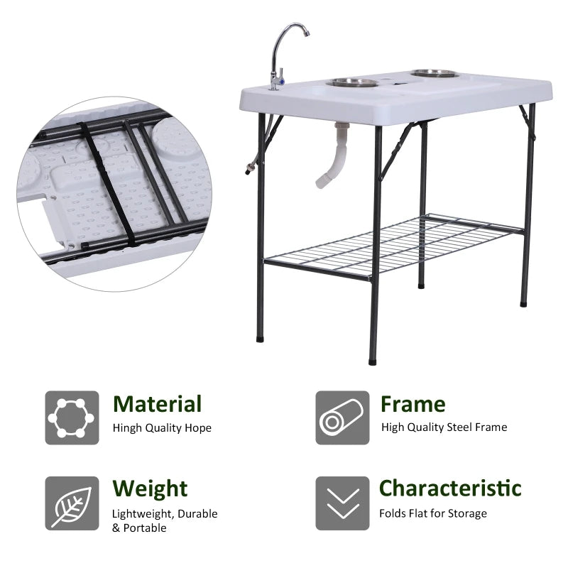 50" Portable Folding Camping Table with Faucet, Dual Stainless Steel Basins, and Accessories for Fish Cleaning - DG Outdoor Sports