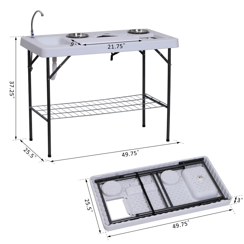 50" Portable Folding Camping Table with Faucet, Dual Stainless Steel Basins, and Accessories for Fish Cleaning - DG Outdoor Sports