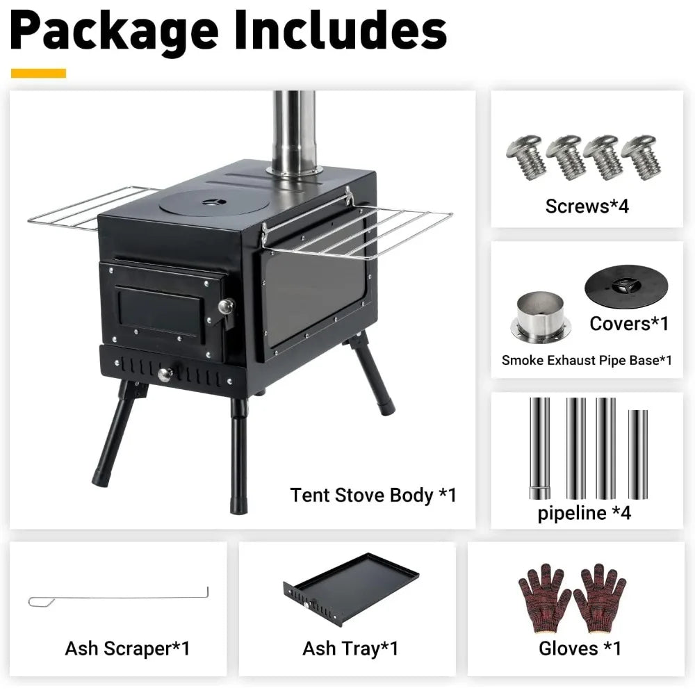 Portable Wood Burning Stove With Chimney Pipe for Tent Shelter Camping Cookware Bbq Camping Heating and Cooking Camp Supplies - DG Outdoor Sports