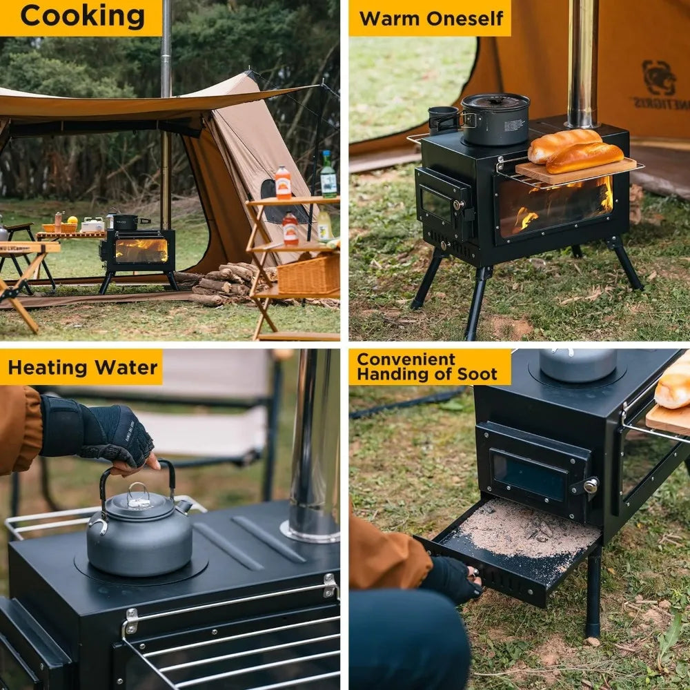 Portable Wood Burning Stove With Chimney Pipe for Tent Shelter Camping Cookware Bbq Camping Heating and Cooking Camp Supplies - DG Outdoor Sports
