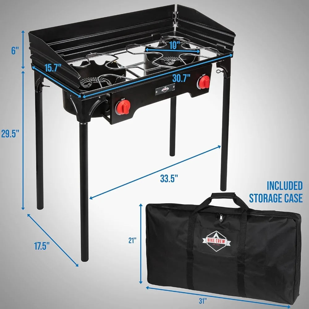 Cast Iron Double-Burner Outdoor Gas Stove 150000 BTU Portable Propane Cooktop w/Blue Flame Control, Removable Legs - DG Outdoor Sports