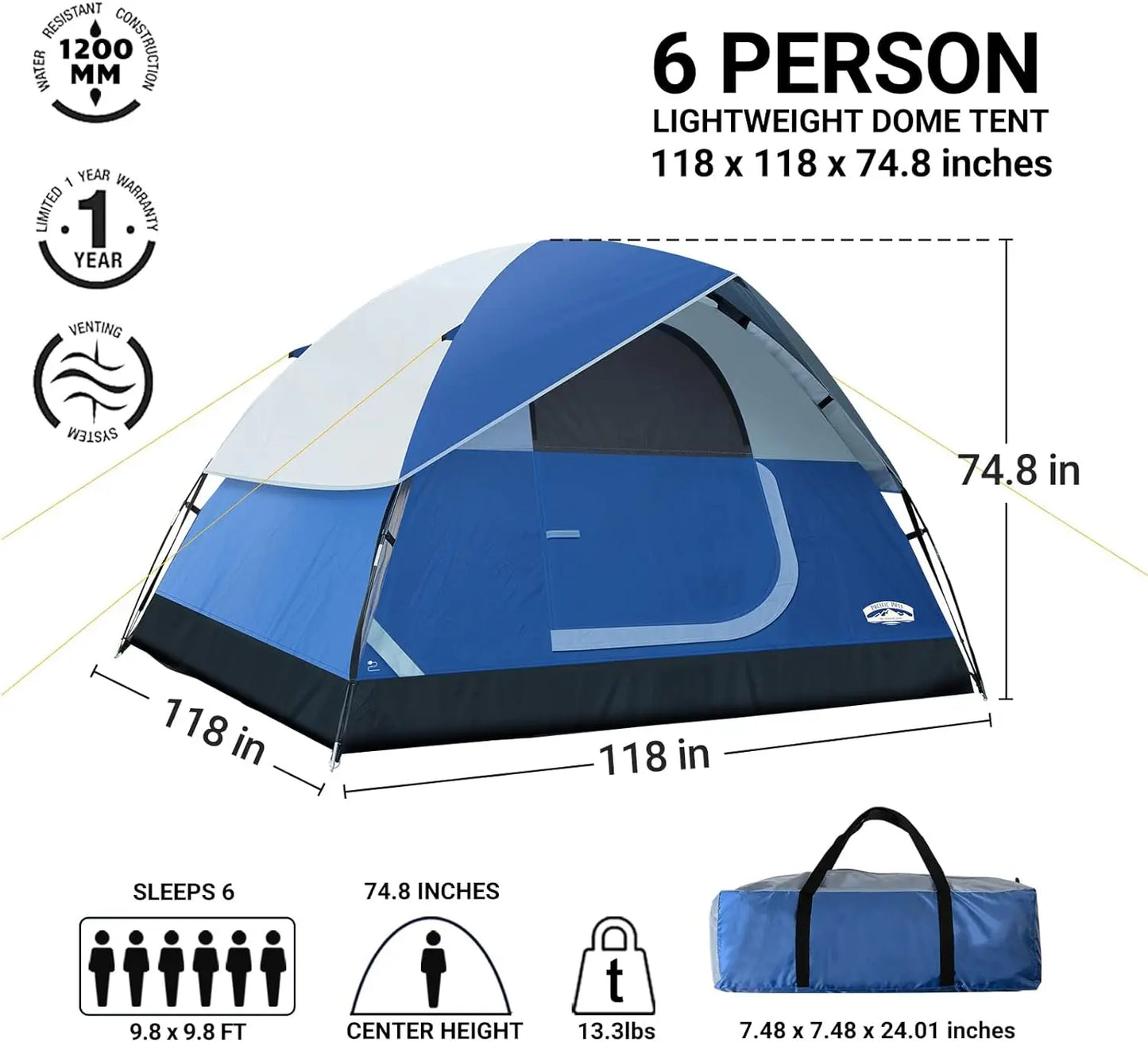 Camping equipment, 6 Person Family Dome Tent with Removable Rain Fly - DG Outdoor Sports