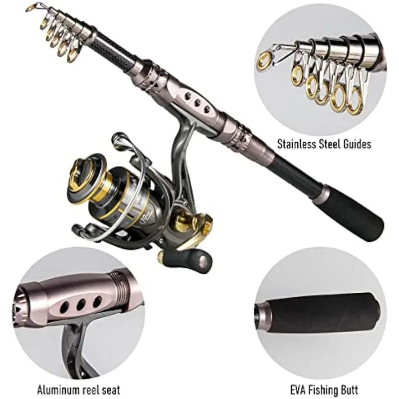 Dr.Fish Fishing Rod and Reel Combos 125pcs Full Kit Carbon Fiber Telescopic Spinning Rod 9+1BB Spinning Reel Tackle Bag Lines - DG Outdoor Sports