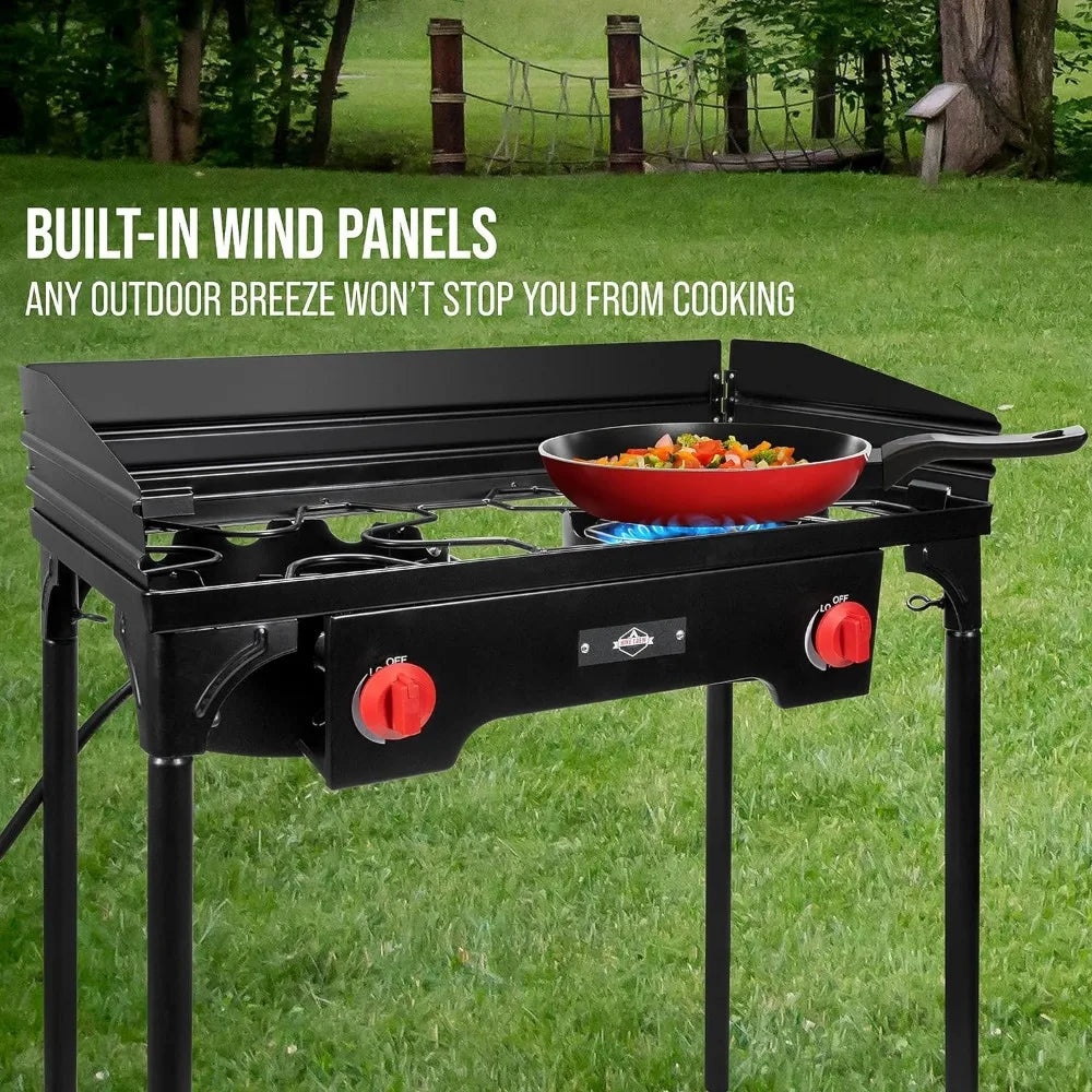 Cast Iron Double-Burner Outdoor Gas Stove 150000 BTU Portable Propane Cooktop w/Blue Flame Control, Removable Legs - DG Outdoor Sports