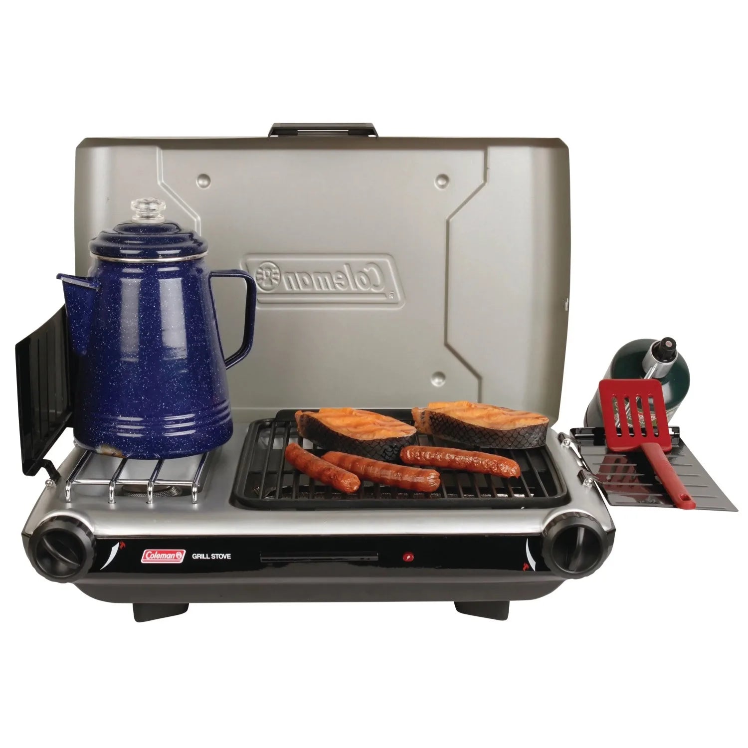 Tabletop Propane Gas Camping 2-in-1 Grill/Stove 2-Burner, Gray, 2000038016 - DG Outdoor Sports 		