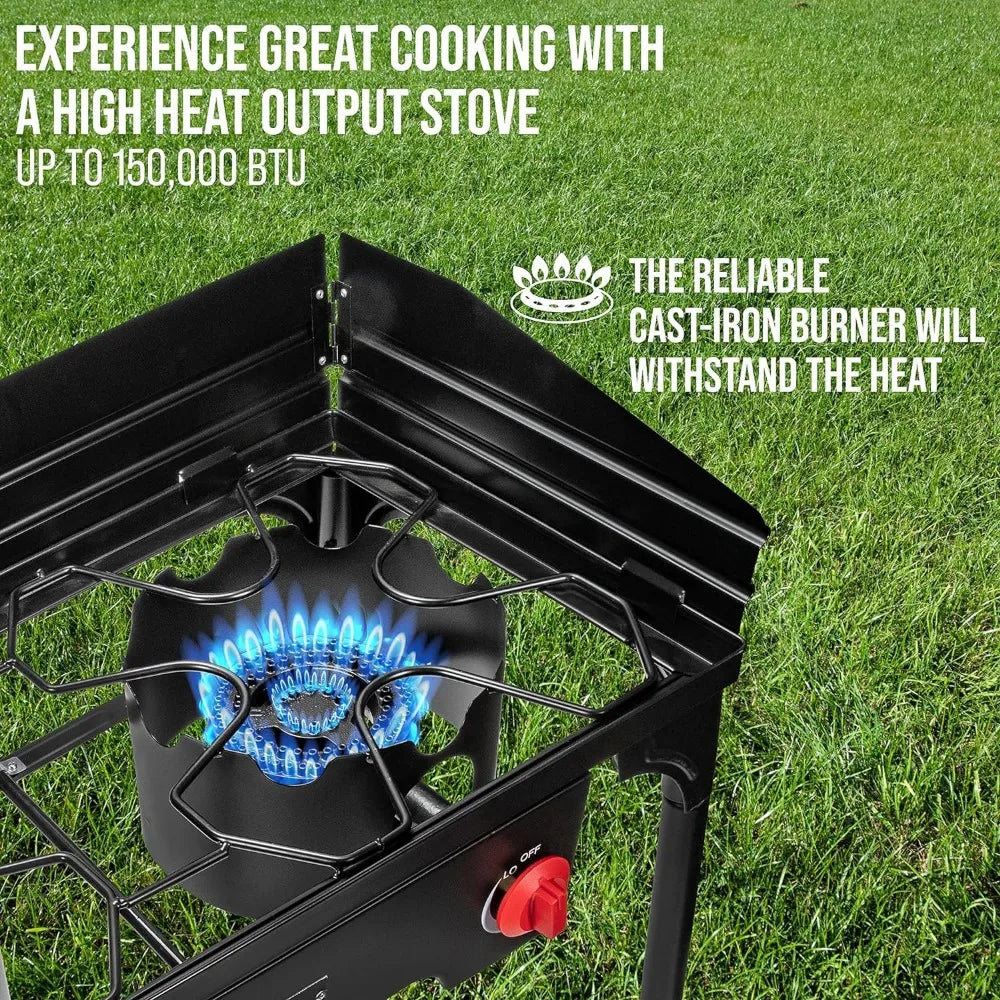 Cast Iron Double-Burner Outdoor Gas Stove 150000 BTU Portable Propane Cooktop w/Blue Flame Control, Removable Legs - DG Outdoor Sports 		