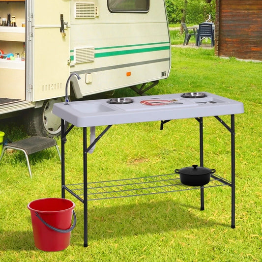 50" Portable Folding Camping Table with Faucet, Dual Stainless Steel Basins, and Accessories for Fish Cleaning - DG Outdoor Sports 		