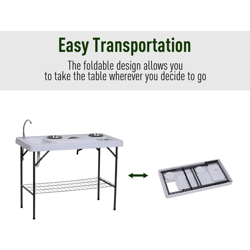 50" Portable Folding Camping Table with Faucet, Dual Stainless Steel Basins, and Accessories for Fish Cleaning - DG Outdoor Sports 		