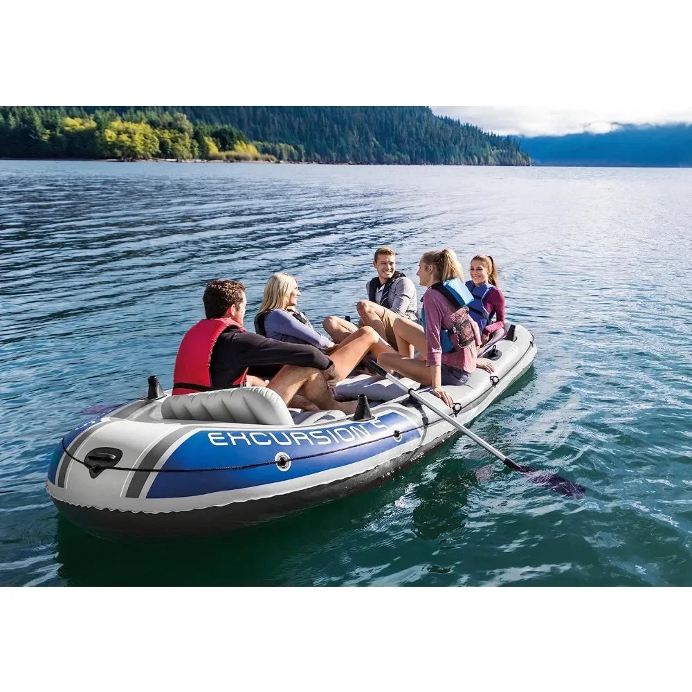 Inflatable Kayak: Includes Deluxe 54in Aluminum Oars and High-Output Pump – Adjustable Seats With Backrest – Fishing Rod Holders - DG Outdoor Sports 		