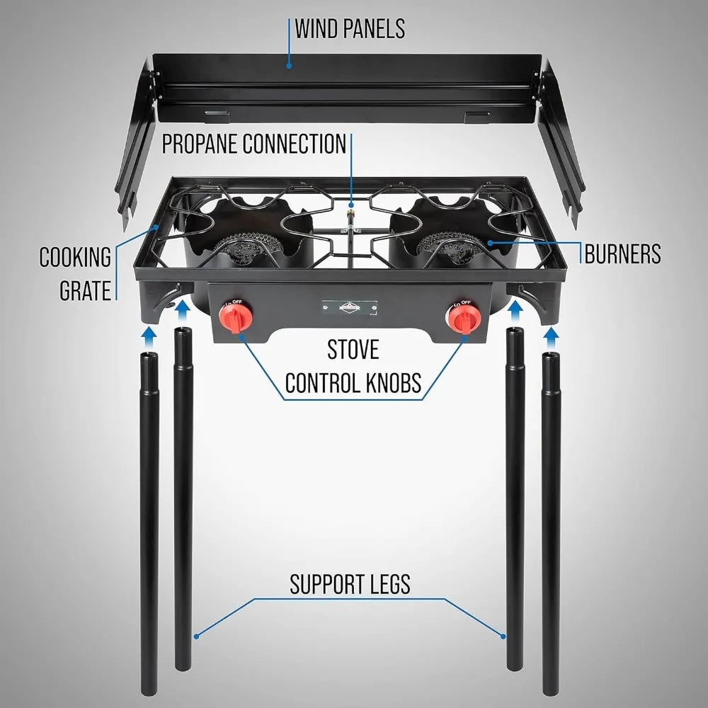 Cast Iron Double-Burner Outdoor Gas Stove 150000 BTU Portable Propane Cooktop w/Blue Flame Control, Removable Legs - DG Outdoor Sports 		